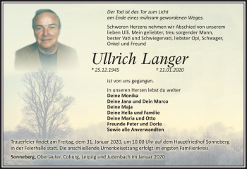 Traueranzeige von Ullrich Langer von Südthüringer Presse