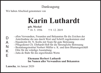Traueranzeige von Karin Luthardt von Südthüringer Presse