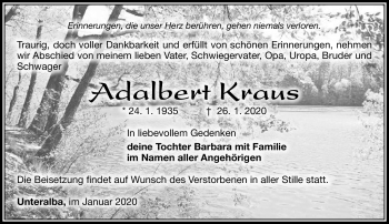 Traueranzeige von Adalbert Kraus von Südthüringer Presse