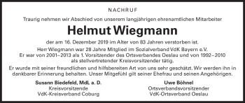 Traueranzeige von Helmut Wiegmann von Neue Presse Coburg