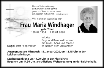 Traueranzeige von Maria Windhager von Frankenpost