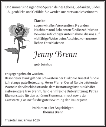 Traueranzeige von Jenny Brenn von Südthüringer Presse