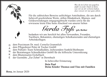Traueranzeige von Gerda Fuß von Südthüringer Presse