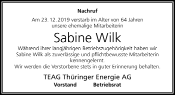 Traueranzeige von Sabine Wilk von Südthüringer Presse