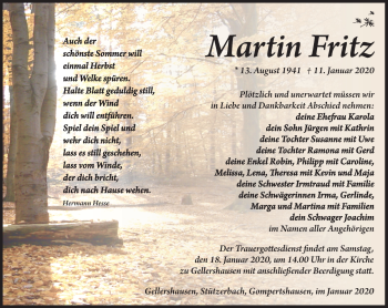 Traueranzeige von Martin Fritz von Südthüringer Presse