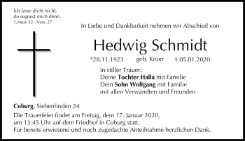 Traueranzeige von Hedwig Schmidt von Neue Presse Coburg
