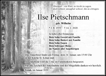 Traueranzeige von Ilse Pietschmann von Südthüringer Presse