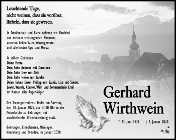 Traueranzeige von Gerhard Wirthwein von Südthüringer Presse