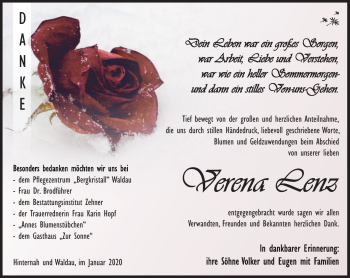 Traueranzeige von Verena Lenz von Südthüringer Presse