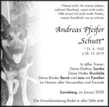 Traueranzeige von Andreas Pfeifer von Südthüringer Presse