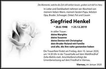Traueranzeige von Siegfried Henkel von Südthüringer Presse