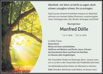 Traueranzeige von Manfred Dölle von Südthüringer Presse