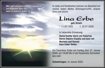 Traueranzeige von Lina Erbe von Südthüringer Presse