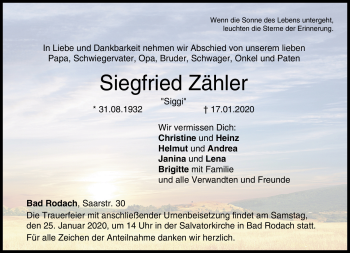 Traueranzeige von Siegfried Zähler von Neue Presse Coburg