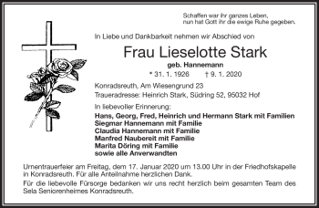 Traueranzeige von Lieselotte Stark von Frankenpost
