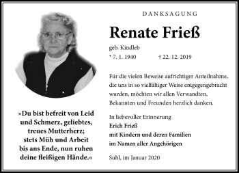 Traueranzeige von Renate Frieß von Südthüringer Presse