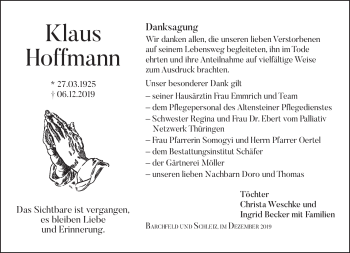 Traueranzeige von Klaus Hoffmann von Südthüringer Presse