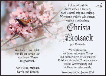 Traueranzeige von Christa Brotsack von Südthüringer Presse