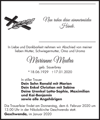 Traueranzeige von Marianne Mudra von Südthüringer Presse