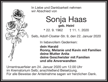 Traueranzeige von Sonja Haas von Frankenpost