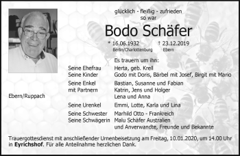 Traueranzeige von Bodo Schäfer von Neue Presse Coburg