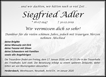 Traueranzeige von Siegfried Adler von Südthüringer Presse
