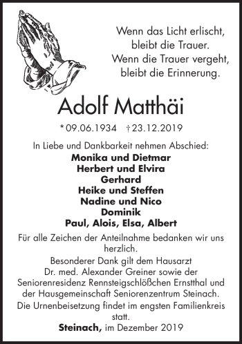 Traueranzeige von Adolf Matthäi von Südthüringer Presse