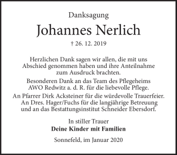 Traueranzeige von Johannes Nerlich von Neue Presse Coburg