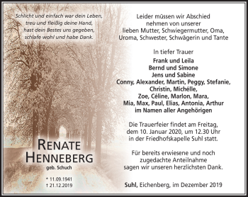 Traueranzeige von Renate Henneberg von Südthüringer Presse