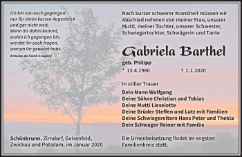 Traueranzeige von Gabriela Barthel von Südthüringer Presse