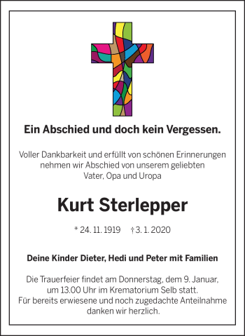 Traueranzeige von Kurt Sterlepper von Frankenpost