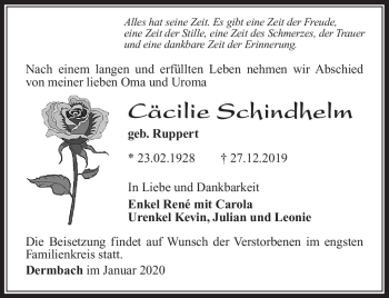 Traueranzeige von Cäcilie Schindhelm von Südthüringer Presse
