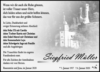 Traueranzeige von Siegfried Müller von Südthüringer Presse