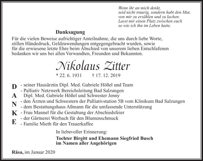  Traueranzeige für Nikolaus Zitter vom 17.01.2020 aus Südthüringer Presse
