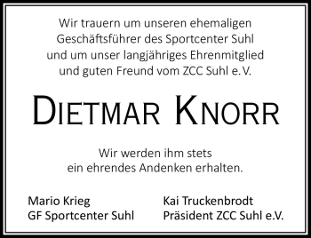 Traueranzeige von Dietmar Knorr von Südthüringer Presse