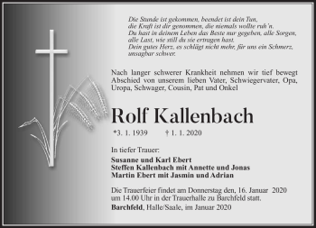 Traueranzeige von Rolf Kallenbach von Südthüringer Presse