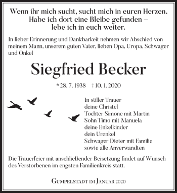 Traueranzeige von Siegfried Becker von Südthüringer Presse