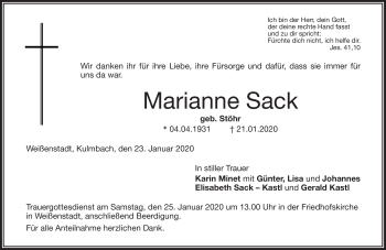 Traueranzeige von Marianne Sack von Frankenpost