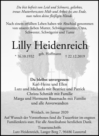 Traueranzeige von Lilly Heidenreich von Neue Presse Coburg