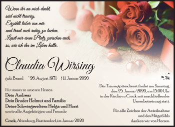 Traueranzeige von Claudia Wirsing von Südthüringer Presse