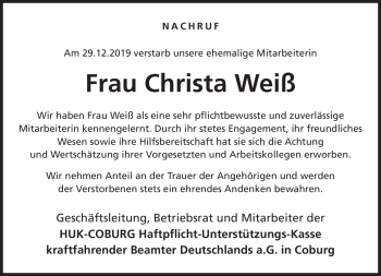 Traueranzeige von Christa Weiß von Neue Presse Coburg