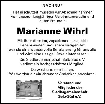 Traueranzeige von Marianne Wihrl von Frankenpost