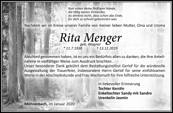 Traueranzeige von Rita Menger von Südthüringer Presse