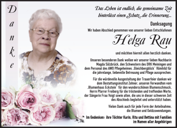 Traueranzeige von Helga Rau von Südthüringer Presse