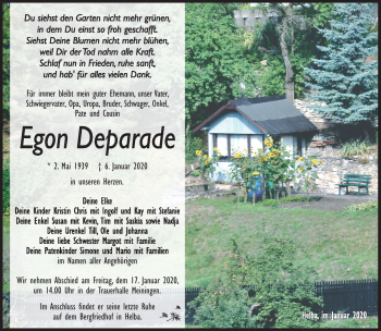 Traueranzeige von Egon Deparade von Südthüringer Presse