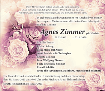 Traueranzeige von Agnes Zimmer von Südthüringer Presse