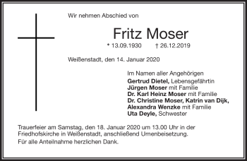 Traueranzeige von Fritz Moser von Frankenpost