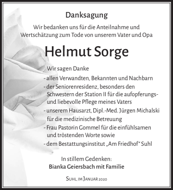 Traueranzeige von Helmut Sorge von Südthüringer Presse