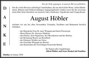 Traueranzeige von August Höbler von Südthüringer Presse