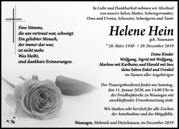 Traueranzeige von Helene Hein von Südthüringer Presse